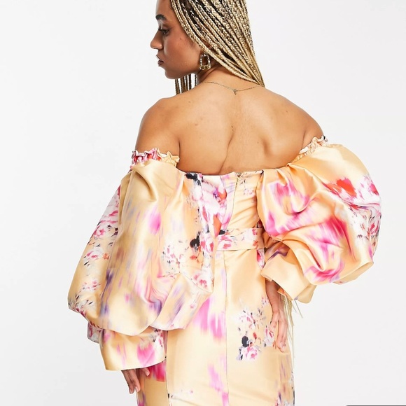 ASOS Pink and Orange Floral Puff Sleeve Off Shoulder Mini Dress size 2 XS NWT - Picture 5 of 12